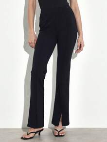 KSTM Pantalones acampanados negros para mujer con abertura frontal, cintura alta, pierna ancha, pantalón de fondo para otoño e invierno, elegante para ocasiones formales y de noche - Negro - Ver 3