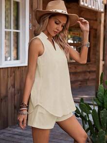 EMERY ROSE 女士度假休闲纯色背心短裤两件套 - 杏色 - 查看 4