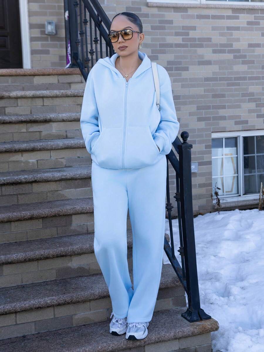 Melissa Matos 女款休閒寬鬆衛衣套裝,淺藍色,秋季,嬰兒藍兩件式褲裝套裝,嬰兒藍女款休閒套裝,舒適秋冬女裝 - 藍色 - 查看 1