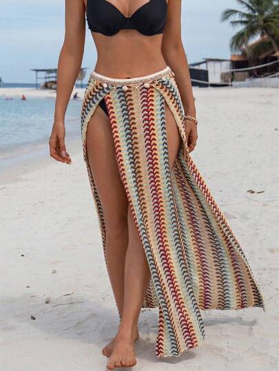 Swim Vcay 女士高开衩纹理网纱半身裙，适合海滩度假，饰以时尚贝壳和海星边饰，春夏款