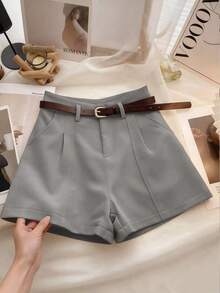 Franclia Quần short nữ ống rộng cạp cao dáng chữ A, màu trơn, phong cách tối giản Pháp, thích hợp mặc đi làm, kiểu dáng thường ngày, retro. - Xám - Xem 6