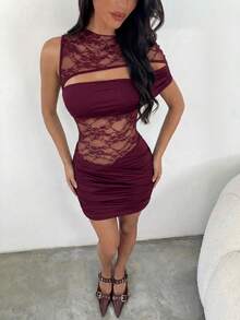 Aloruh Đầm ngắn ren phối màu thanh lịch thường ngày dành cho nữ, màu đỏ rượu vang, kiểu dáng gợi cảm sang trọng. - Màu Hoa hồng đỏ - Xem 5