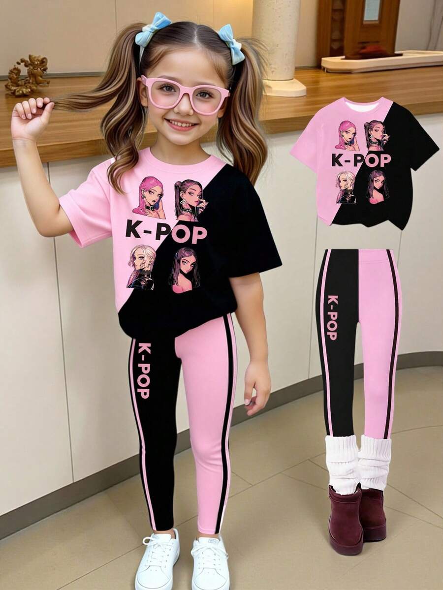 Tween Girl Spring And Summer Casual Fashion Creative Personalized Refreshing Minimalist Cool Virtual Girl Group Graphic Print T-Shirt And Leggings 2-Piece Set, Comfortable Daily Wear - Multicolor - View 1