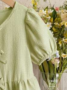 SHEIN LMoss Kids Young Girl Casual Solid Color Crew Neck Short Sleeve Pullover Top, Girl - Lime Green - View 6