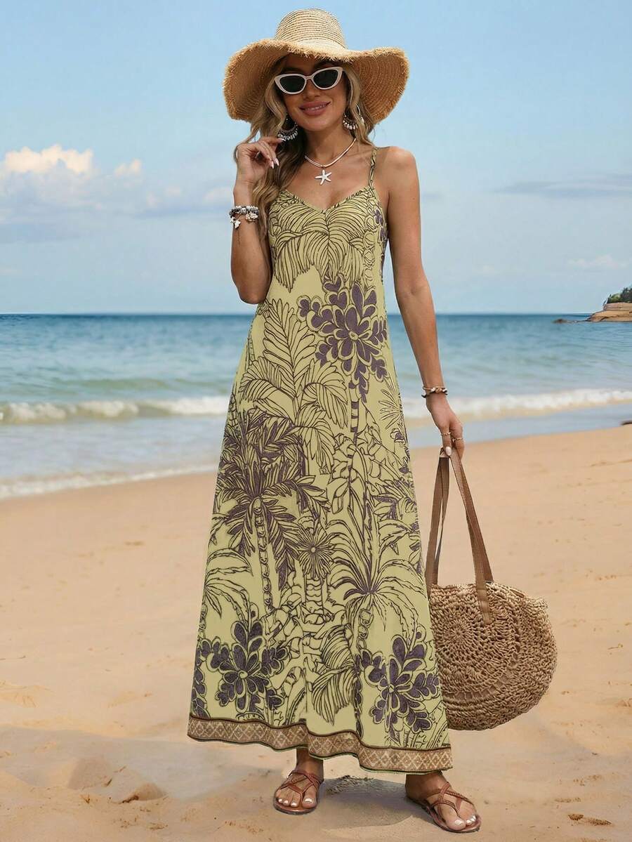 Swim Lushoire 女士夏季沙滩椰树印花V领半透明连衣裙 - 彩色 - 查看 1