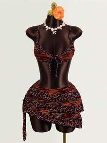 Zestiva 2026新款豹纹三件套泳衣，性感比基尼套装，沙滩泳装，女士泳衣，两件套泳衣，动物纹比基尼 - 紅色 - 查看 3