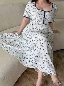 Vibekara Plus Size Women's Ditsy Floral Scoop Neck Curve Maxi Dress,White Summer Contrast Color Collar Button Front Fit And Flare Party Dress,Retro Collegiate - Multicolor - View 5