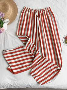 SHEIN EZwear Quần ống rộng dáng suông thoải mái, thắt eo, kẻ sọc đỏ trắng dành cho nữ cỡ lớn - Đỏ và trắng - Xem 5