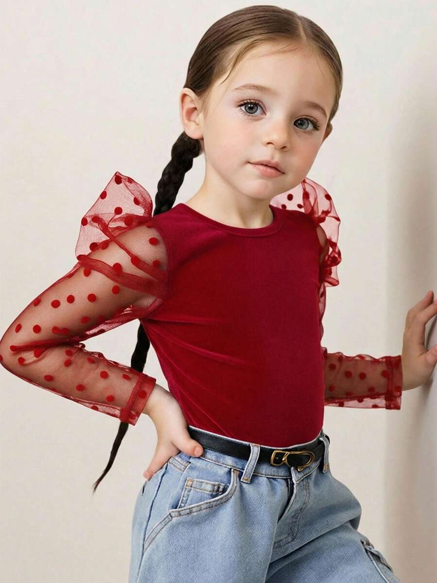 Áo thun tay lỡ cổ tròn lưới tương phản màu trơn cho bé gái - Đỏ - Xem 1