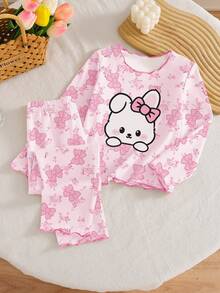 SHEIN Playful Pals Young Girls Cute Cartoon Rabbit Bow Floral Print Ruffle Trim Comfortable Casual Long Sleeve Pants 2pcs Pajama Set Fall Winter - Pink - View 1