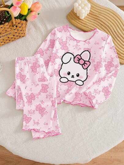 SHEIN Playful Pals Conjunto de pijama de 2 piezas para niñas jóvenes con pantalón de manga larga, estampado de flores y volantes, y diseño de conejo de dibujos animados