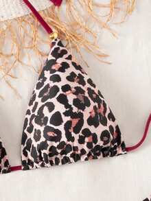 Swim Vcay 3件套夏季沙滩纯色露背系带吊带上衣+打结三角比基尼泳裤+三角比基尼套装，针织面料，适合假日派对、沙滩、数码印花、扎染装饰，性感豹纹红色细肩带三角罩杯比基尼套装 - 彩色 - 查看 5