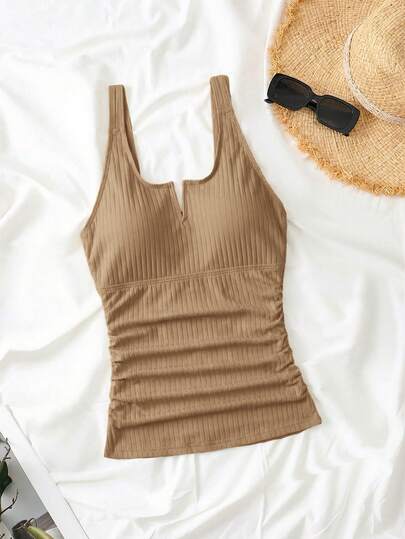 Swim Lushoire Plus Size Solid Color Pleated Ribbed Camisole