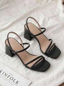 Wide Heel Sandals With Thin Straps And Square Toe - Black - View 3