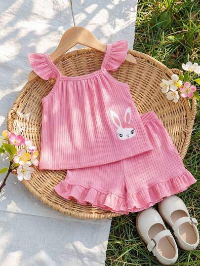 Souflis Souflis Baby GirlCute & Sweet Pink Striped Strap Outfit, Featuring Ruffle Trim On Shoulders, Hem And Pant Cuffs, Adorned With Cartoon Rabbit Embroidery, Suitable For Everyday Wear. Stretchy Waist Floral Hollow Out Knitted Fabric Ruffle Hem Pink White Solid Colors Mul Toddler Girls Summer Sets With Ruffles Baby Girl 2 Pc Short Sets Baby Girl Casual Loose Comfortable Shorts Set 2pcs Set Toddler Girls Cute Vintage Style