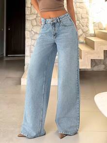 SHEIN Cottnline Women's High Waist Pocketed Wide Leg Loose Casual Versatile Jeans City Break Light Blue Summer - Baby Blue - View 3