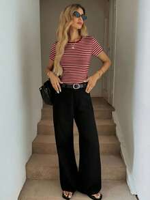 SHEIN LUNE Áo thun nữ cổ tròn, ôm dáng, tay ngắn, kẻ sọc, thích hợp cho lễ hội mùa xuân/hè, trang phục thường ngày. - Nhiều màu - Xem 4