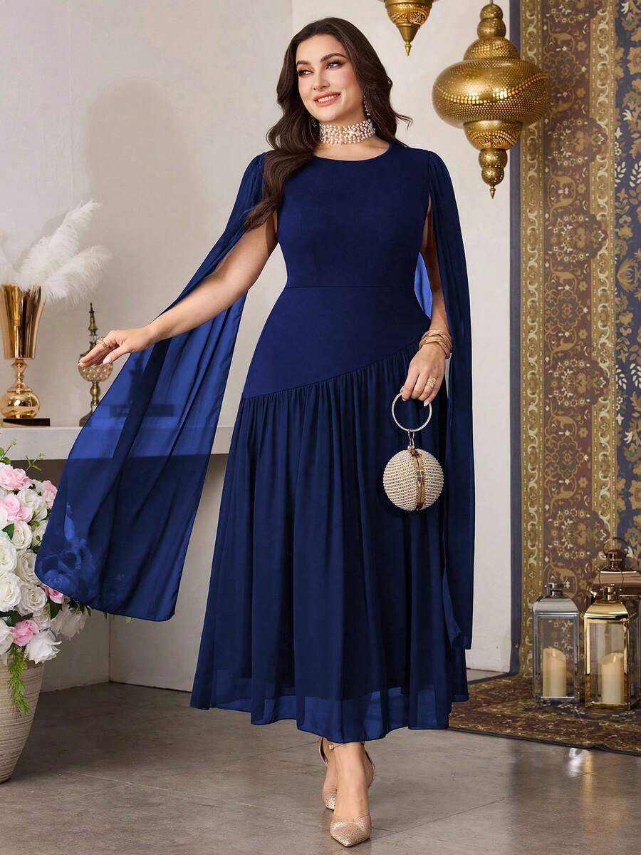 Modelyn Elegant Solid Color Round Neck Extra Long Sleeve Fitted Chiffon Patchwork Maxi Dress, Spring/Autumn, Plus Size - Navy Blue - View 1