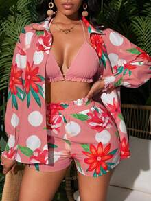Lunelith SHEIN Lunessa Conjunto de 3 piezas de camisa con estampado floral, shorts y top halter para vacaciones - Multicolor - Ver 1