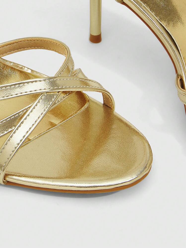 CUCCOO SZL Women Shoes Spring And Summer Cross-Strap Metal Patent Leather Glossy Buckle Strap Open-Toed High Heel, Light Luxury, Champagne Gold Women's High Heel Sandals Banquet Party Annual Meeting Dating Commuting Shopping Holiday Gifts Prom Heels