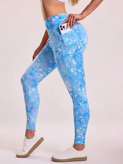 Sovereign Charm High Waist Ombre Leopard Print Digital Leggings With Phone Pockets, For Sports & Outdoor Exercise, Autumn/Winter Leopard Print Leggings Women Light Blue Leopard Print Leggings Light Blue Leggings Women Leggings With Pockets Women's Leggings