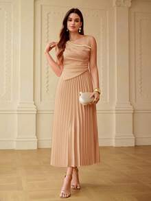ZEYLAH Gaun Midi Wanita Warna Polos dengan Hiasan Mutiara Imitasi dan Detail Kerut di Pinggang, Elegan, Cocok untuk Kencan dan Pesta - Coral Pink - View 4