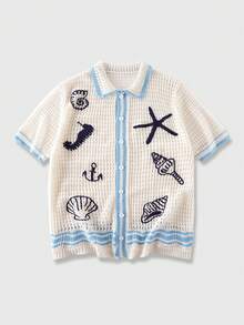 ROMWE MEN Men's Hollow Out Ocean Embroidery Knit Cardigan - White - View 1