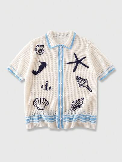 ROMWE MEN Men's Hollow Out Ocean Embroidery Knit Cardigan