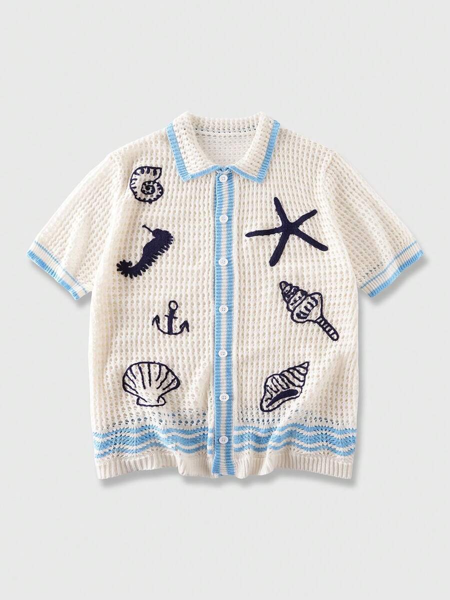 ROMWE MEN Men's Hollow Out Ocean Embroidery Knit Cardigan - White - View 1