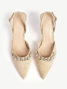CUCCOO CHICEST Women's Pointed Toe High Heel Shoes, Apricot Faux Suede, Rhinestone Decor, Comfortable & Elegant Slip-On Pumps, Suitable For Bride, Wedding, Party, Formal Occasions - Khaki - View 2