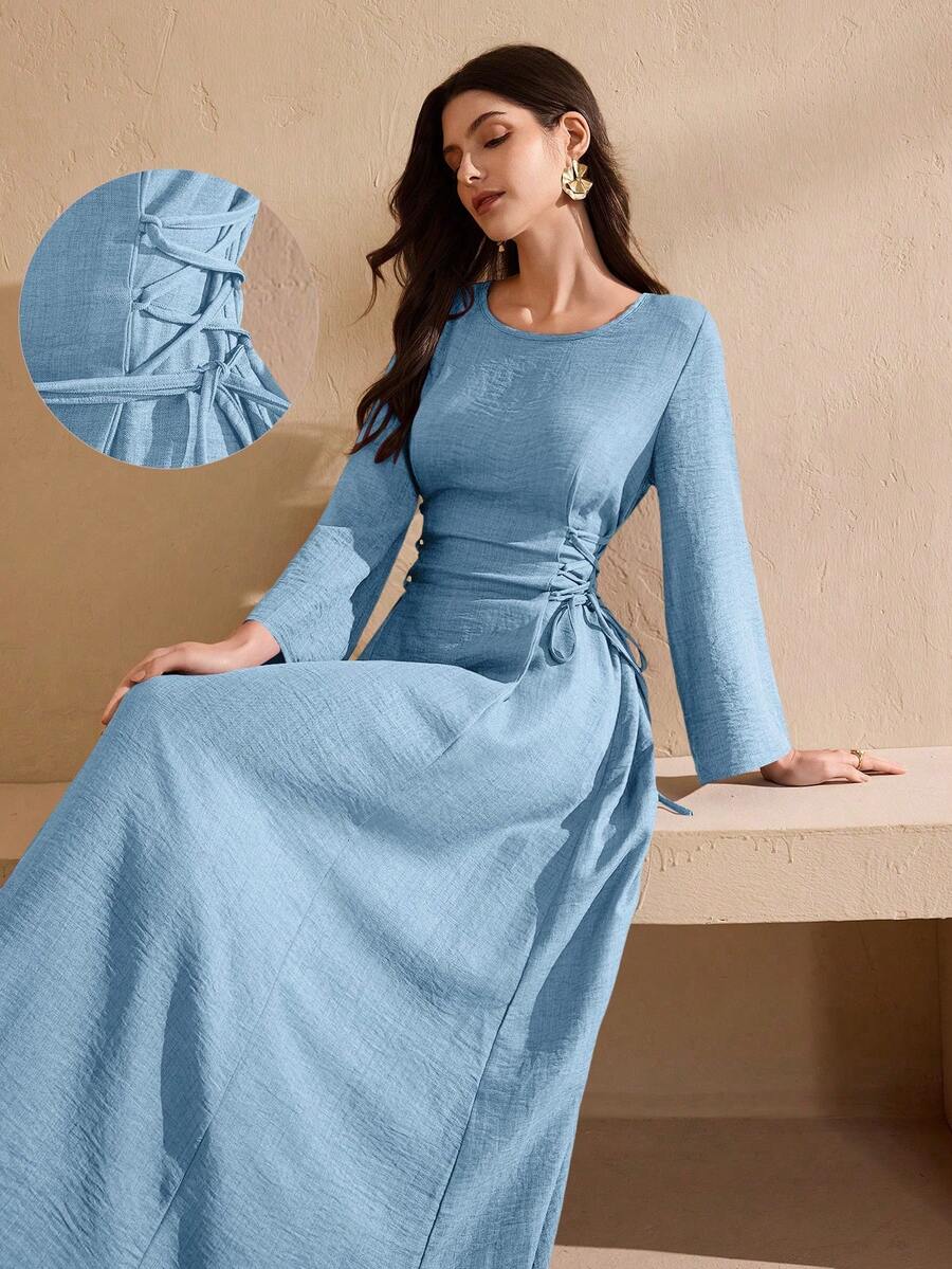 Graceveil Round Neck Solid Color Drawstring Tie Abaya Dress - Blue - View 1