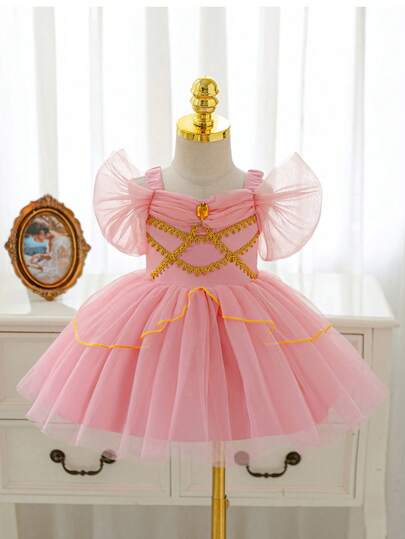 SHEIN Glamorique Kids Baby Girls' Princess Dress, Pink Mesh Sleeveless Dress With Gems, Gold Ribbon, Cute Knitted Dress For Birthday Party, Wedding, Holiday, Suitable For All Seasons