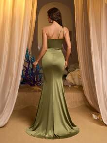 Glamrae Elegante y lujoso vestido de punto elástico con volantes, abertura lateral y cola de pez, con cuentas de burbujas y adornos de strass en el hombro asimétrico, adecuado para bodas, fiestas, vacaciones y banquetes - Rosa vieja - Ver 3