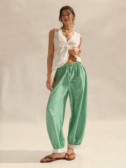 Easelle Quần nữ kẻ sọc, cạp chun, kiểu dáng thường ngày, đa năng.