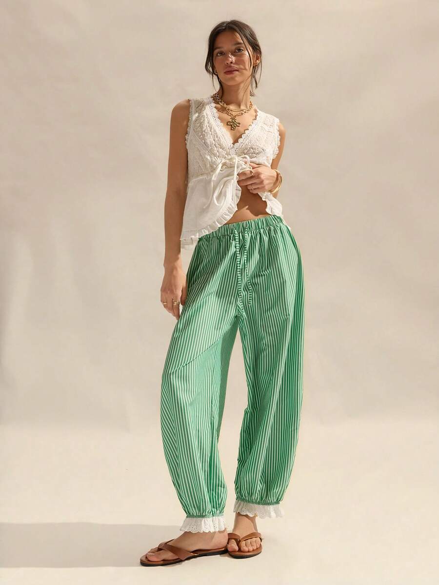 Easelle Quần nữ kẻ sọc, cạp chun, kiểu dáng thường ngày, đa năng. - Nhiều màu - Xem 1