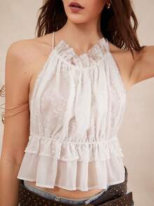 Easelle 波西米亚风褶皱蕾丝透视性感浪漫露背吊带上衣 - 白色 - 查看 4