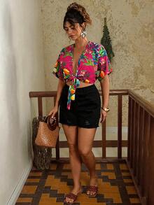 Levarali Plus Size Women Botanical Print Twist Short Sleeve Hawaiian Blouse, Summer, Boho, Beach, Holiday Cute Versatile Daily Wear Casual Top - Multicolor - View 6