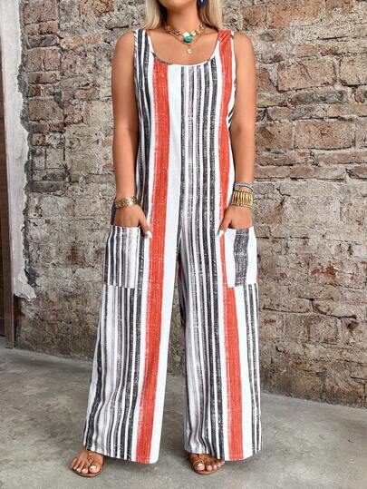 Breezaya 大码女式条纹无袖阔腿连体裤，带口袋