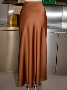 Bris Aura 女士缎面及地鱼尾裙，百搭日常棕色半身裙 - 鏽棕色 - 查看 2