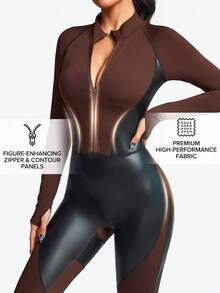 Innovista Mono de esquí con cremallera frontal, manga larga y empalme de piel sintética para mujer - Marrón - Ver 3