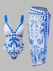 SHEIN Swim Oasis 2026夏季新款蓝白渡渡鸟棕榈树印花连体泳衣，含纱笼裙，两件套，优雅休闲，适合海滩度假、音乐节、海边约会、海滩派对、泳池派对等场合。女士沙滩装，夏季泳衣比基尼套装，含罩衫，连体泳衣，收腹设计。 - 藍白色 - 查看 4