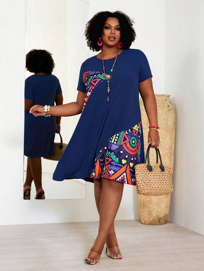 EMERY ROSE Vestido casual de manga corta con cuello redondo y estampado geométrico para mujer de talla grande