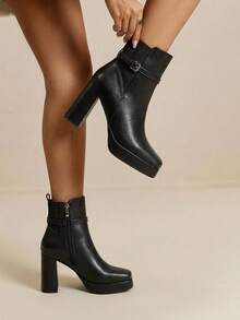 Daringsoles Women's Chunky Heel Square Toe Sexy Waterproof Platform Side Zipper Buckle Classic Leather Boots, Autumn/Winter - Black - View 10