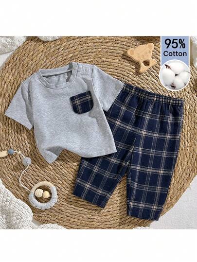 Loomiva Newborn Baby Boy/Girl Contrast Color Pocket Round Neck Short Sleeve Top And Elastic Waist Pants 2 Pieces Set