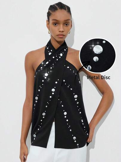 Maija Women's Black Sequin Elegant Faux Pearl Beaded Halter Neck Camisole For Summer Chic And Cool Beach Outfits Bling Top Halter Top Metal Disc Top  Beach Holiday