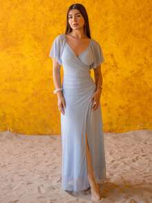 Andrea Bello 女士浅紫色V领荷叶袖褶裥开衩连衣裙，优雅伴娘礼服，派对礼服，春夏款 - 藍色 - 查看 6