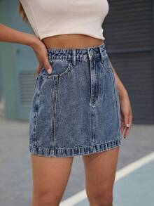 Rivivi Women's High Waist Pocketed Casual Versatile Denim Mini Skirt - Dark Wash - View 4