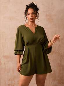 Veslaya Plus Size Women Olive Green Autumn Jumpsuit,V-Neck Puff Sleeve Elastic Waist Woven Fabric Romper,Smart Casual Everyday Commute Elegant Business Outfit - Army Green - View 6