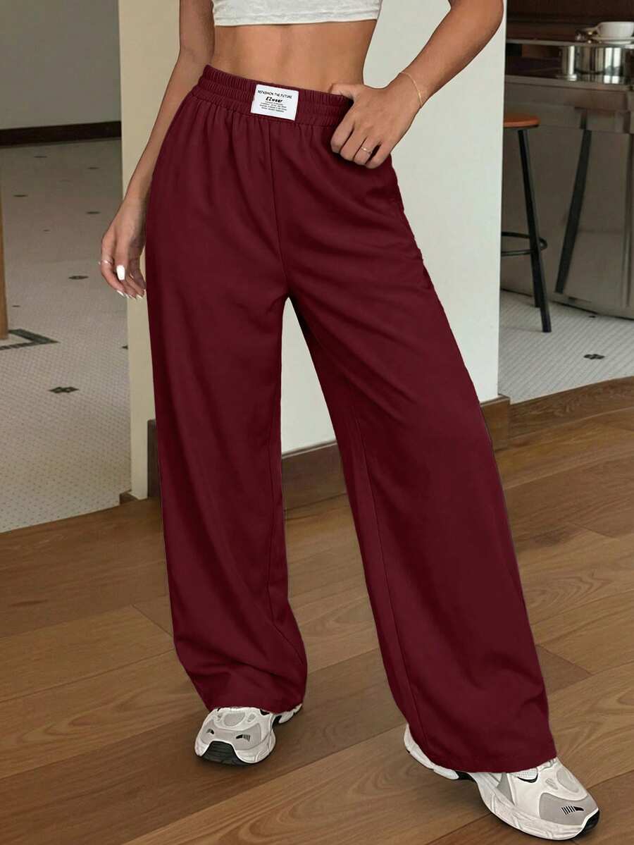 SHEIN EZwear 女士休闲直筒裤,适合春夏日常穿着,舒适百搭,阔腿裤,宽松裤,酒红色裤子,宽松裤,超大码裤子,女士高腰阔腿运动裤,女士长裤 - 酒紅色 - 查看 1