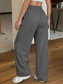 SHEIN EZwear Loose Casual Vacation Straight Leg Gray Pants, Spring/Summer - Grey - View 2